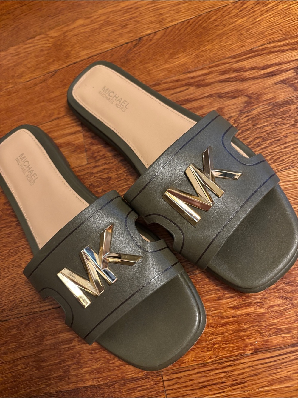 Michael Kors Olive Green Slide Sandals with Gold MK Logo